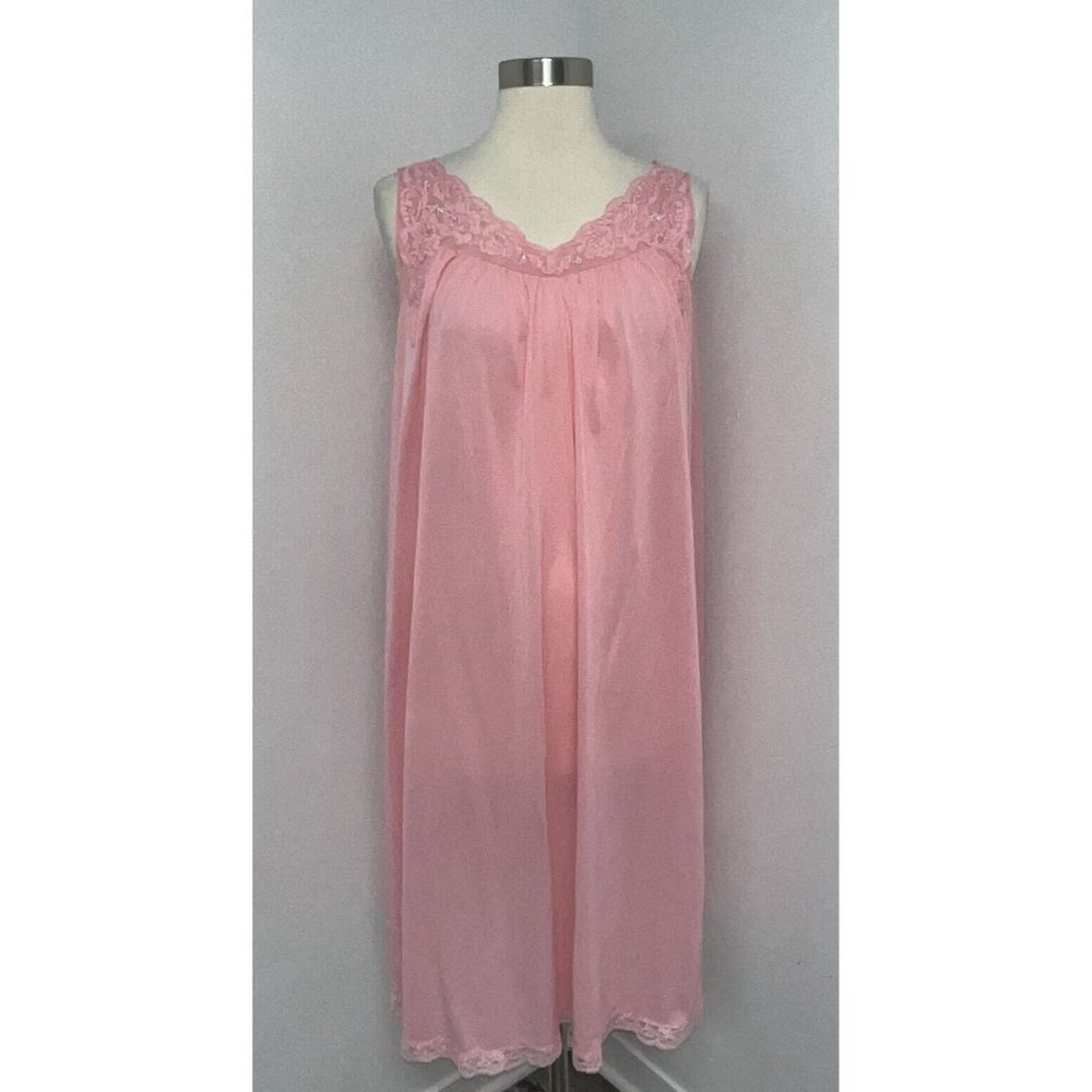 Vintage Shadowline Womens Pink Nylon Nightgown Size L Embroidered Lace Trim
